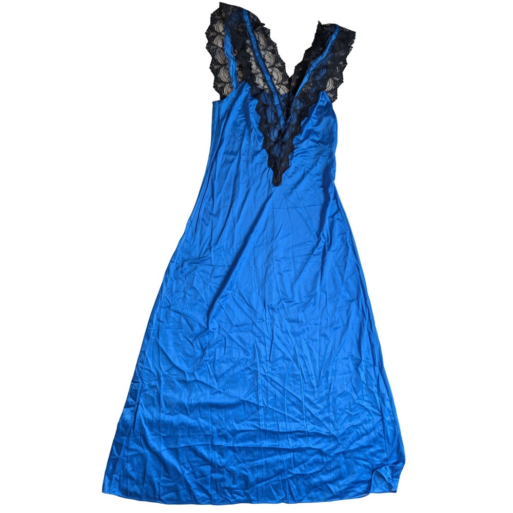 Vintage Royal Blue Nylon Nightgown Black Lace Trim Maxi Sleepwear Med Coquette